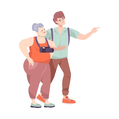 Excursion flat composition with young man and elderly woman with camera vector illustration