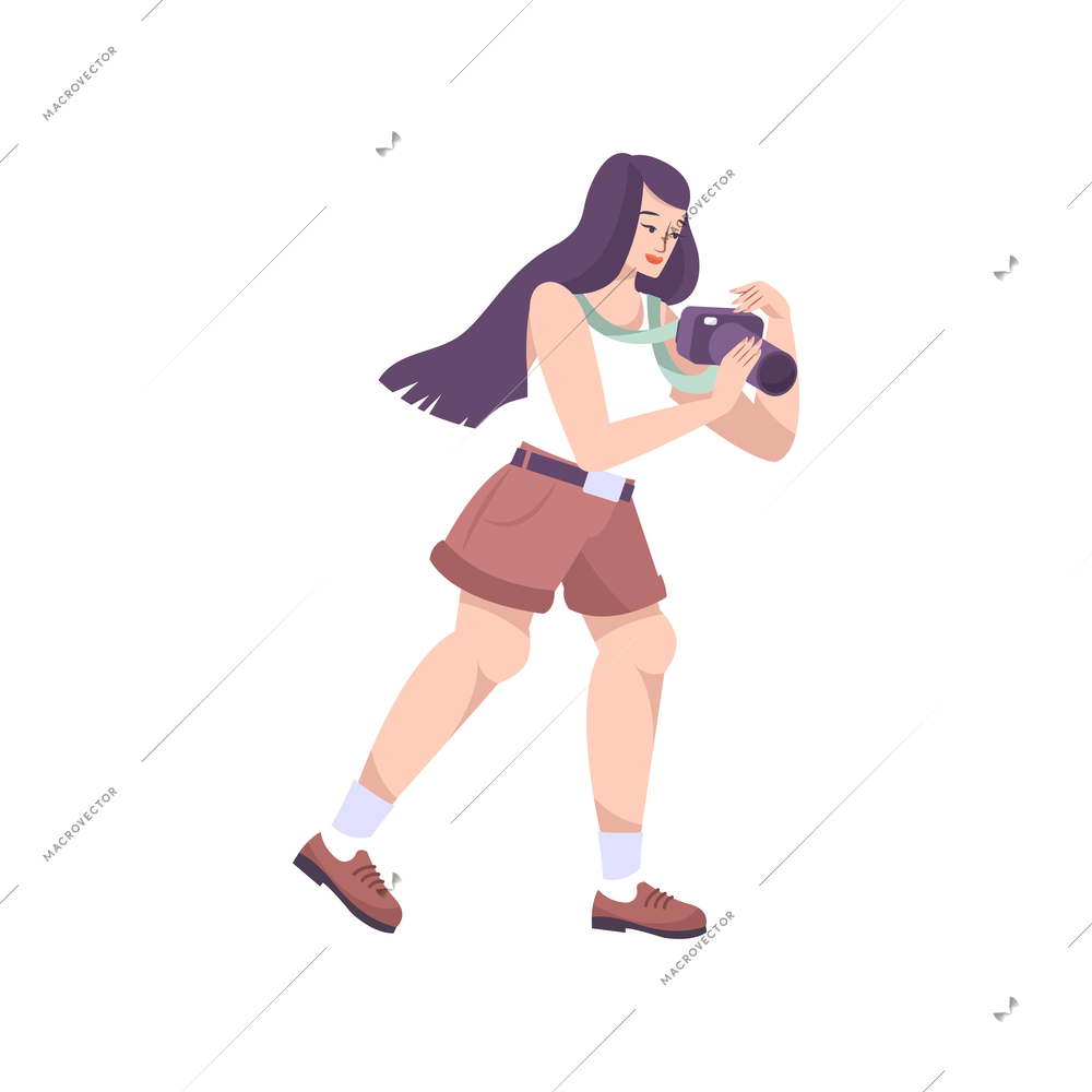 Excursion flat composition with female human character holding camera vector illustration