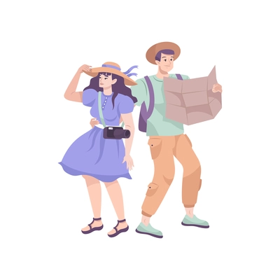 Excursion flat composition with characters of tourists couple in hats with map of sights vector illustration