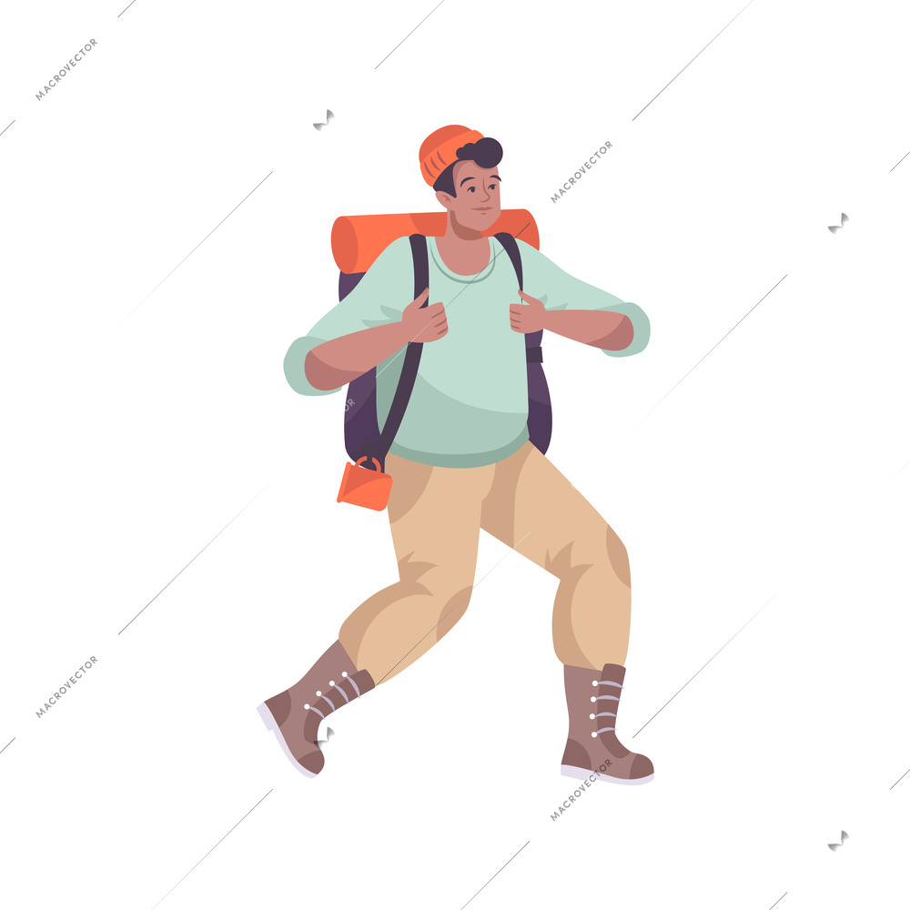 Excursion flat composition with male human character with mat and backpack vector illustration