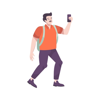 Excursion flat composition with isolated male character shooting on smartphone vector illustration