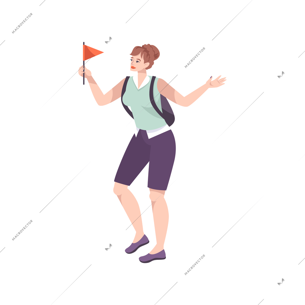 Excursion flat composition with female character of group guide holding red flag vector illustration