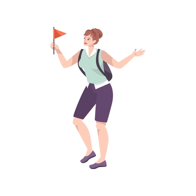 Excursion flat composition with female character of group guide holding red flag vector illustration