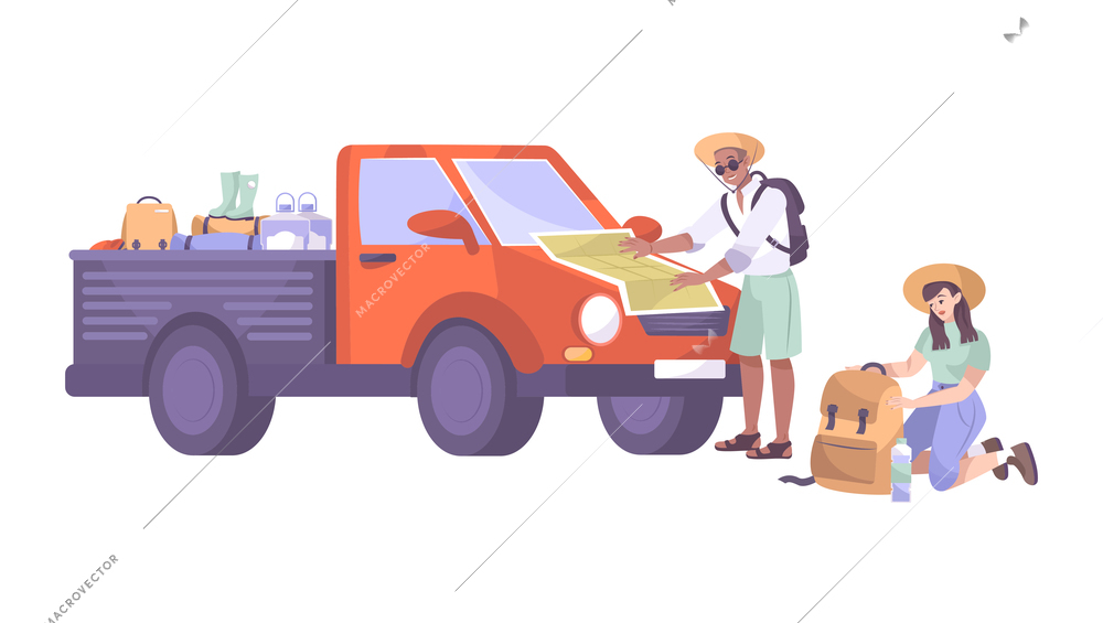 Excursion flat composition with images of truck being loaded by tourists couple vector illustration