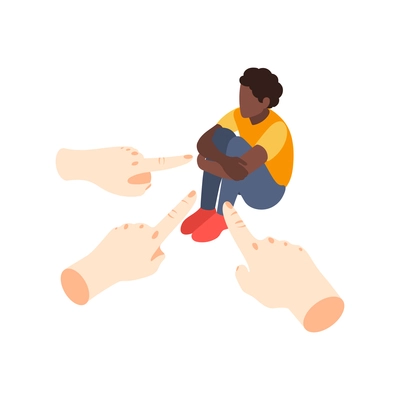 Discrimination isometric composition with character of young black boy with pointing human fingers vector illustration