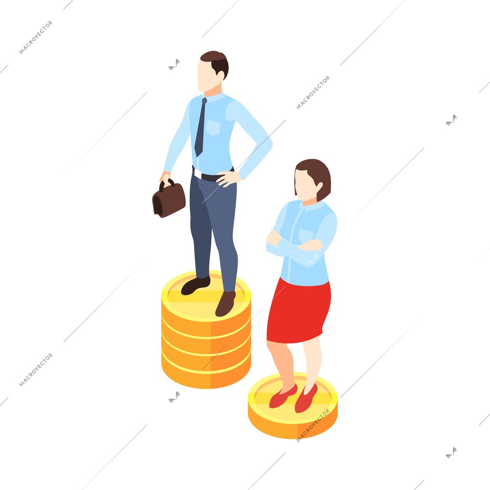 Discrimination isometric composition with characters of man and woman on stacks of coins vector illustration