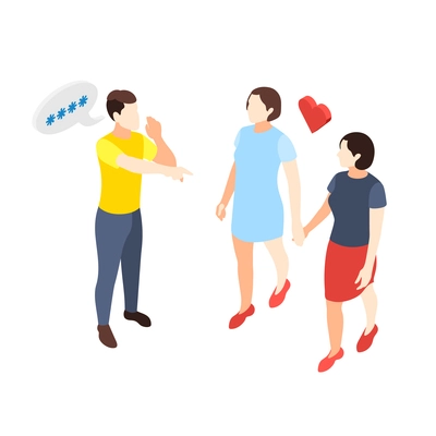 Discrimination isometric composition with loving lesbian couple and shouting man vector illustration