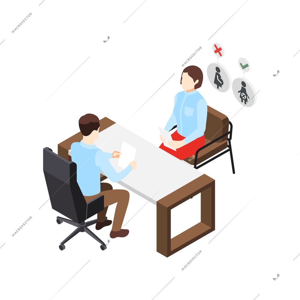 Discrimination composition with view of job interview with pregnant woman vector illustration