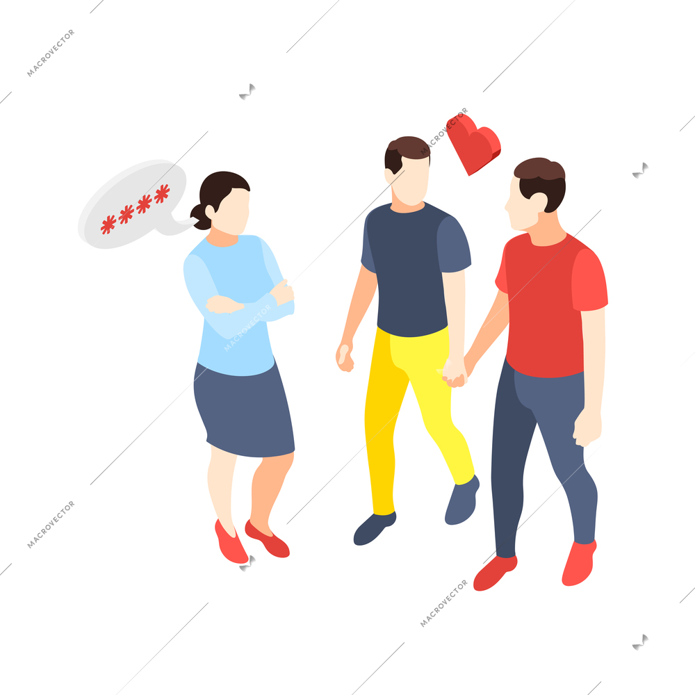 Discrimination composition with characters of loving homosexual couple and woman with thought bubble vector illustration