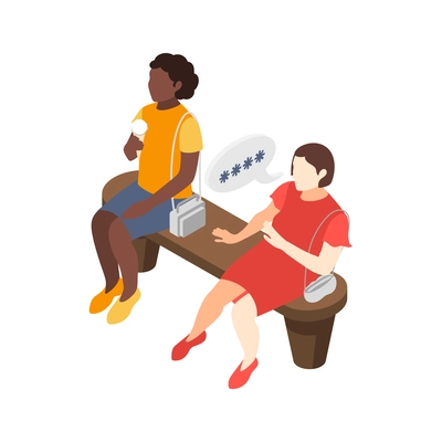 Discrimination composition with girls of different skin color sitting on bench with thought bubbles vector illustration