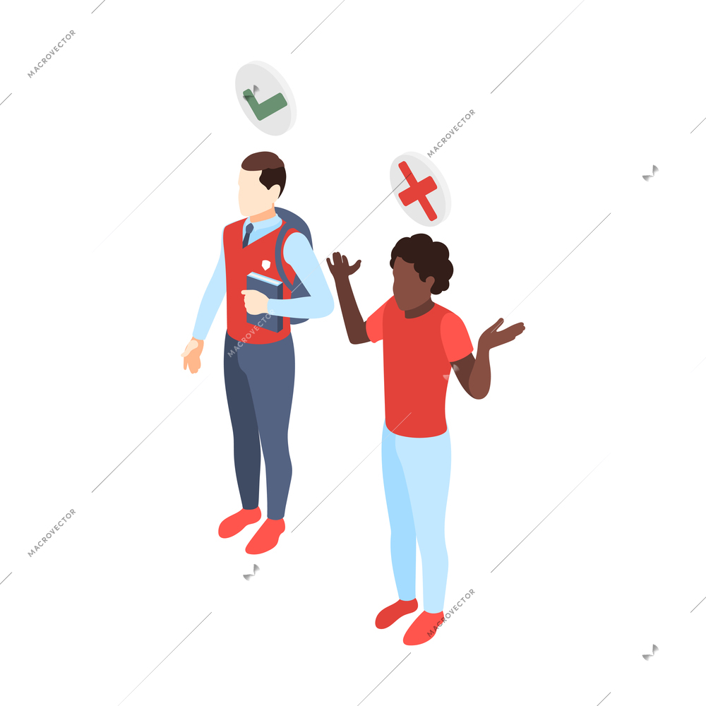 Discrimination composition with characters of young students of different color with check and cross marks vector illustration