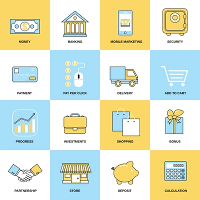 Business icons flat line set of money banking mobile marketing isolated vector illustration