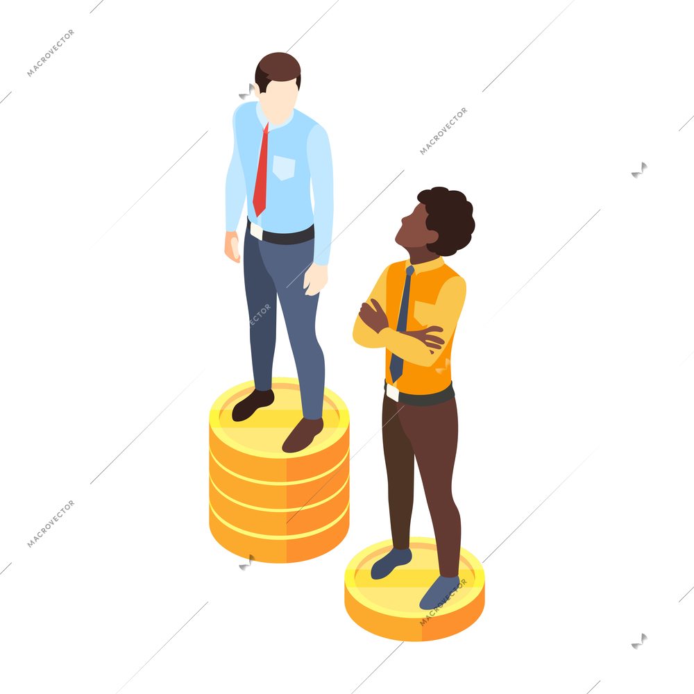 Discrimination composition with stacks of coins of different height with people of color vector illustration