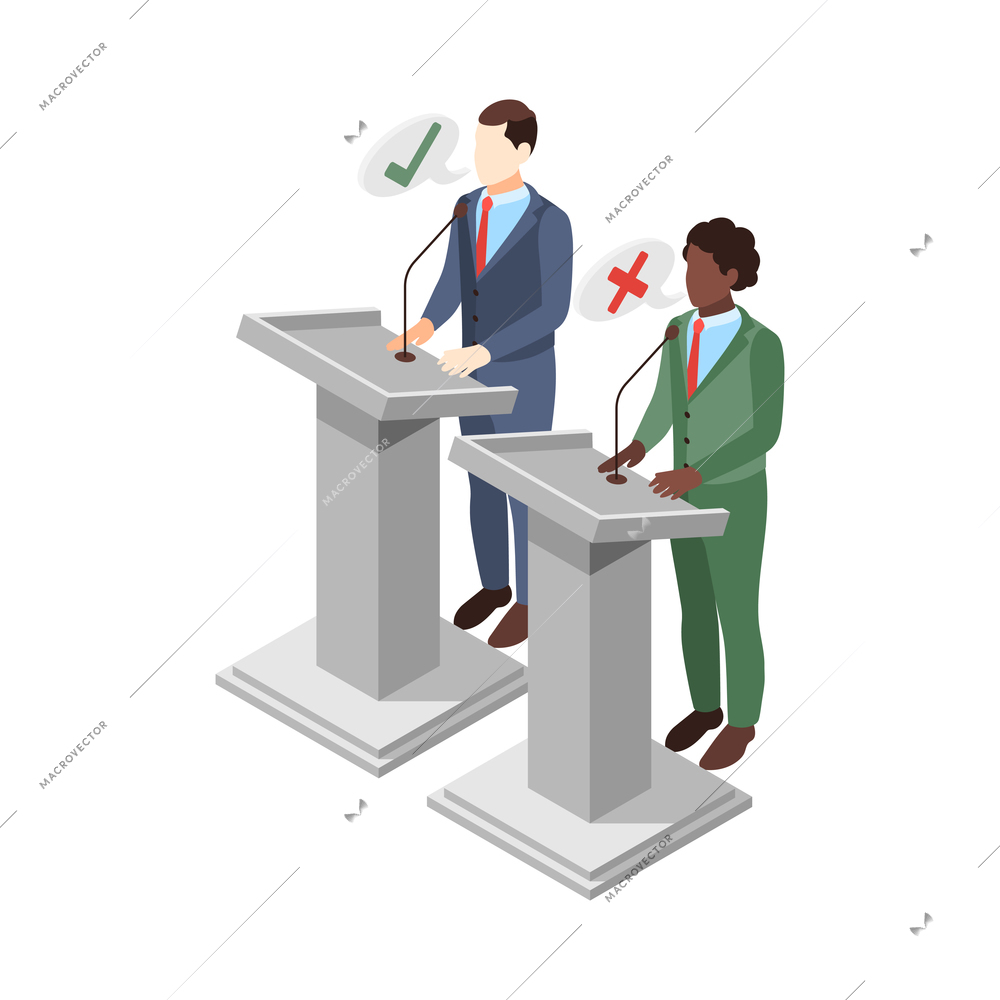 Discrimination composition with tribunes with white and black speaker persons and signs vector illustration