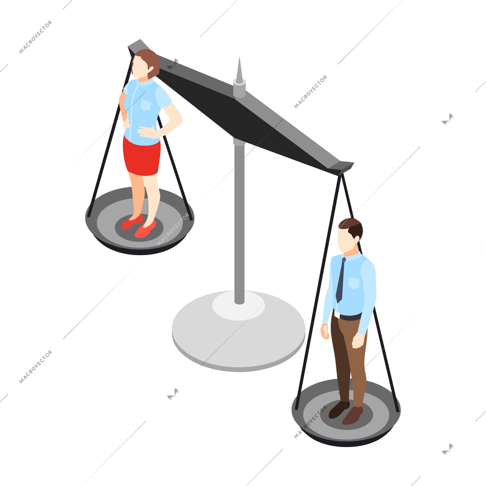 Discrimination composition with vintage balance and human characters of man and woman vector illustration