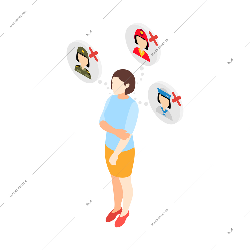 Discrimination isometric composition with female character and icons of forbidden professions vector illustration