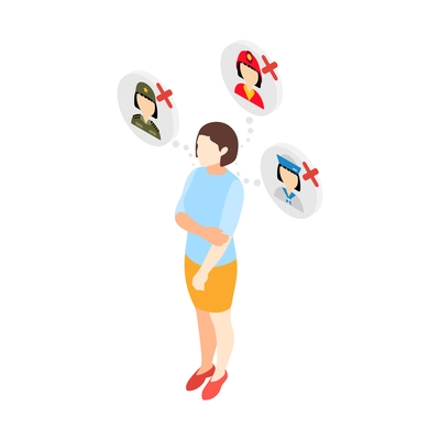 Discrimination isometric composition with female character and icons of forbidden professions vector illustration