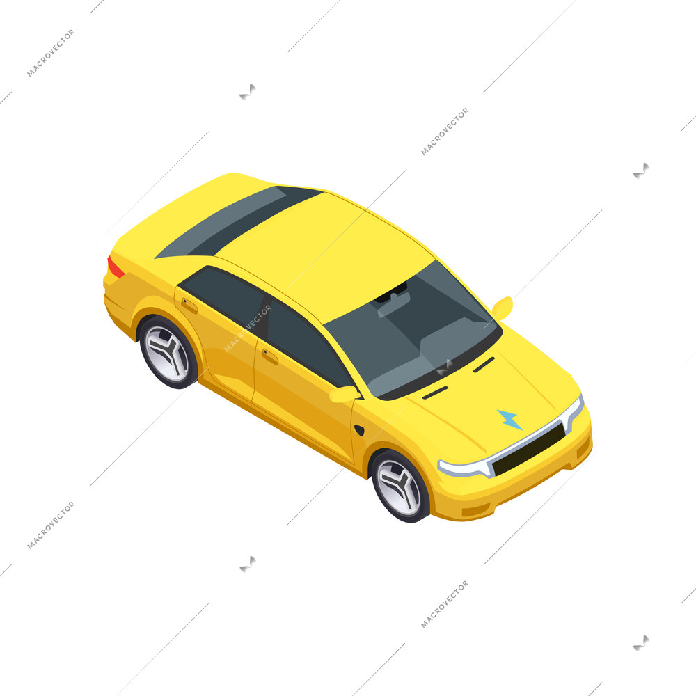 Smart city technologies composition with view of yellow car with electric power sign vector illustration