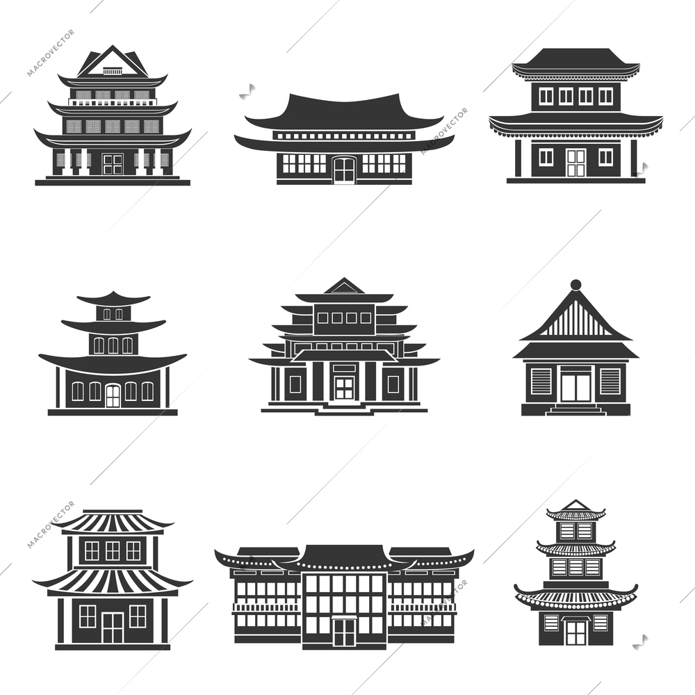 Chinese house ancient temples traditional oriental buildings black icons set isolated vector illustration