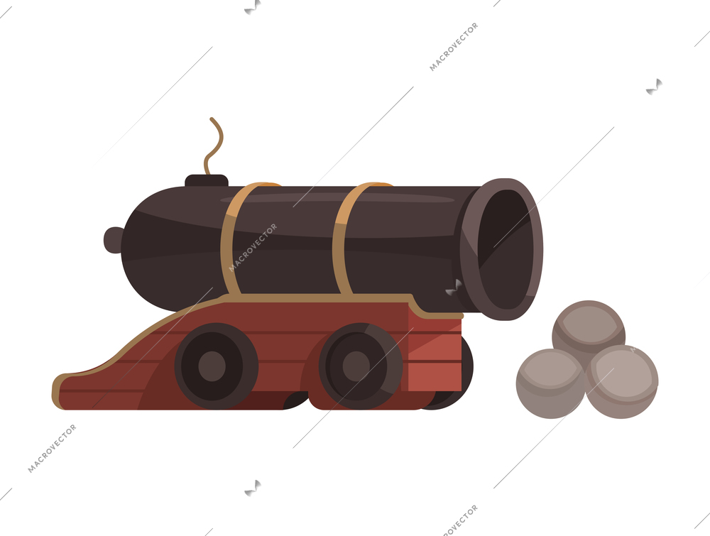 Pirate composition with isolated image of cannon gun with balls on blank background vector illustration