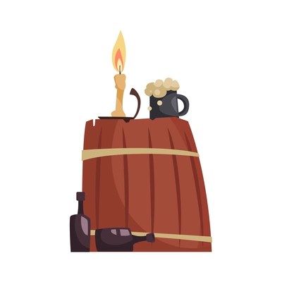 Pirate composition with isolated image of vintage barrel with alcohol bottles and candle vector illustration