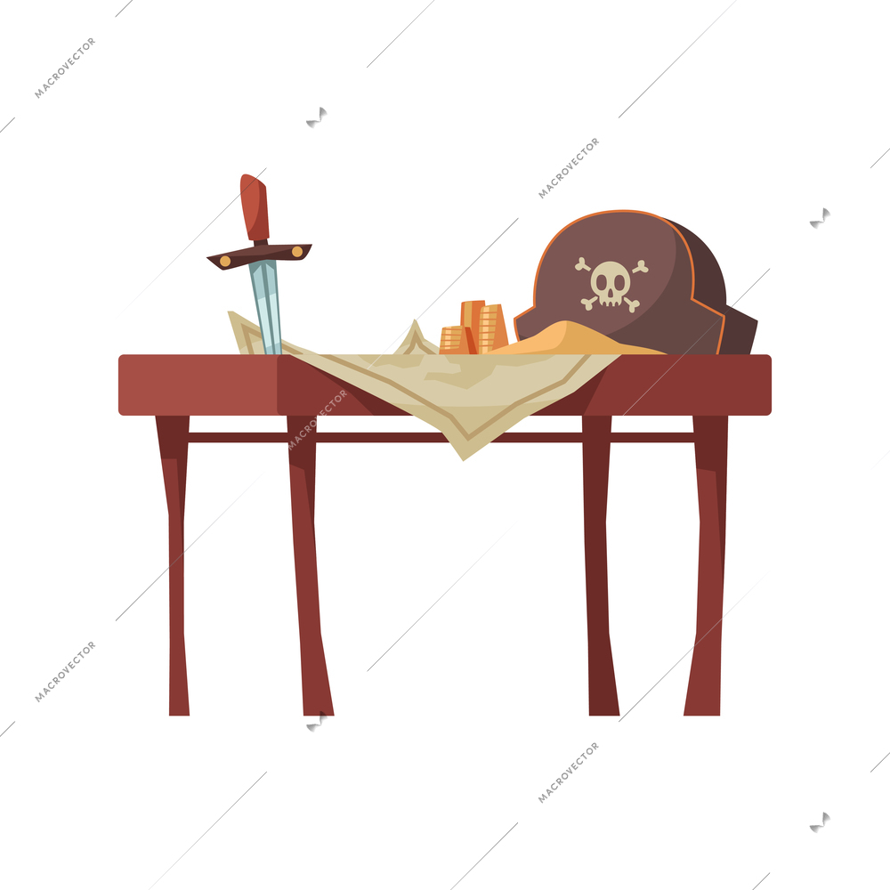 Pirate composition with view of table with pirate hat sword and paper map vector illustration