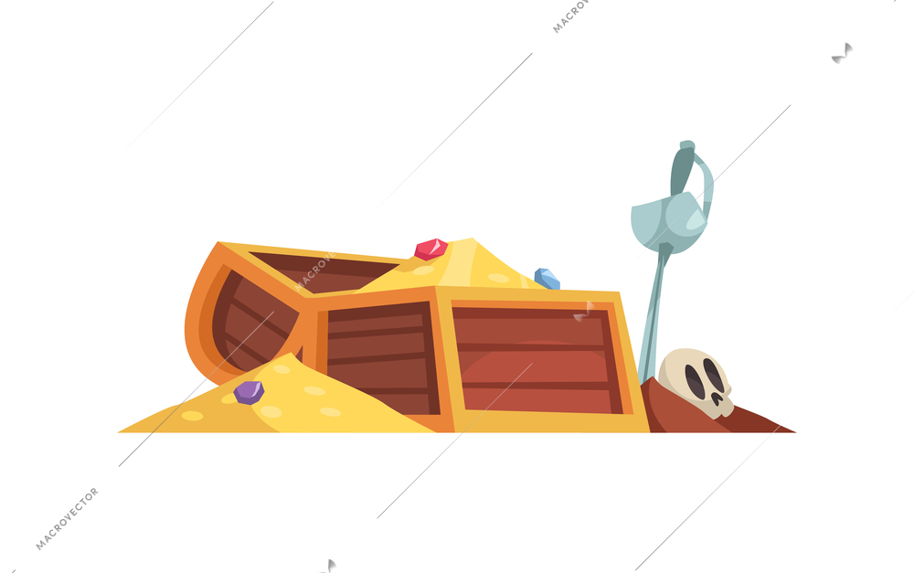 Pirate composition with view of open treasure chest with gold and sword vector illustration