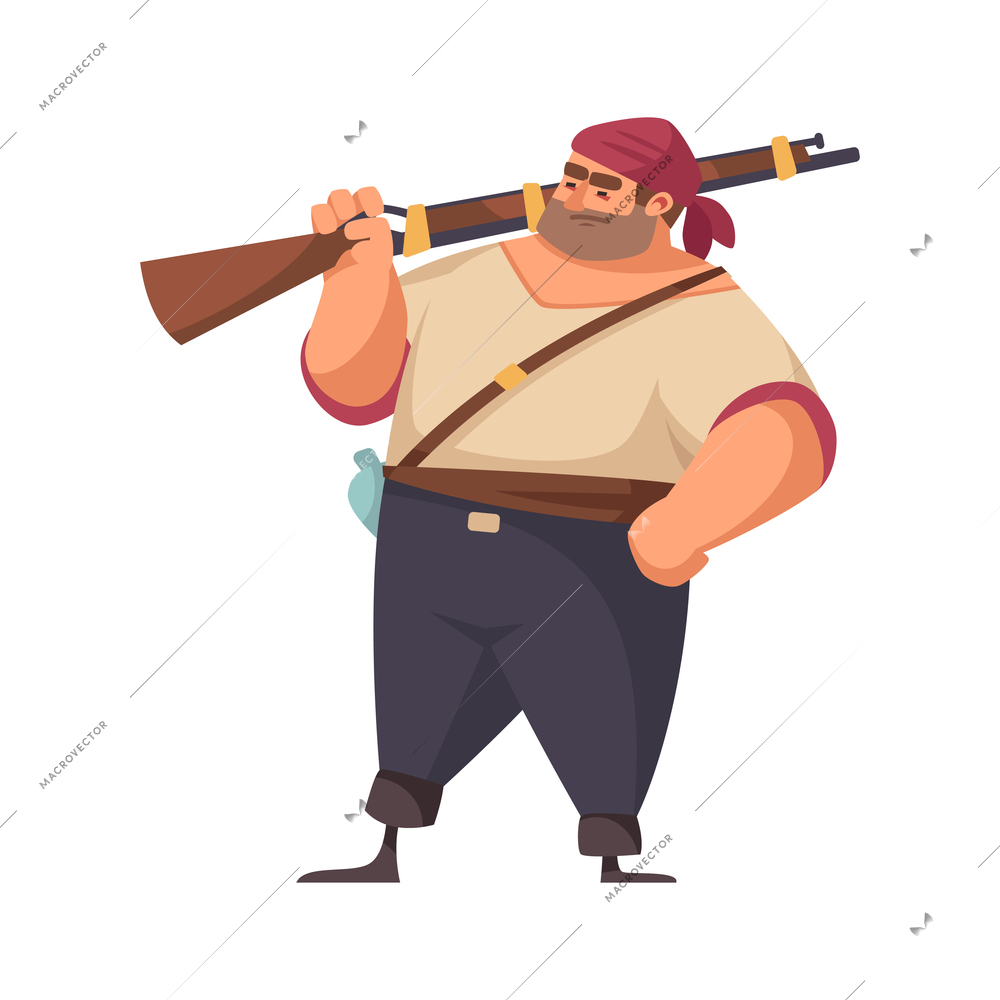 Pirate composition with funny character of fat pirate with gun on shoulder vector illustration