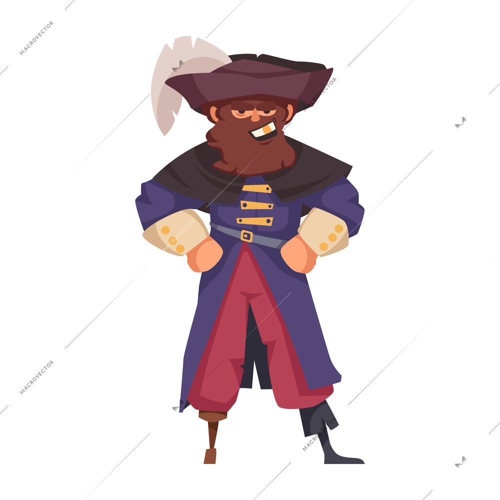 Pirate composition with isolated human character of head pirate in vintage costume vector illustration