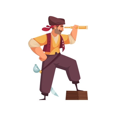 Pirate composition with character of corsair looking through long glass pipe vector illustration