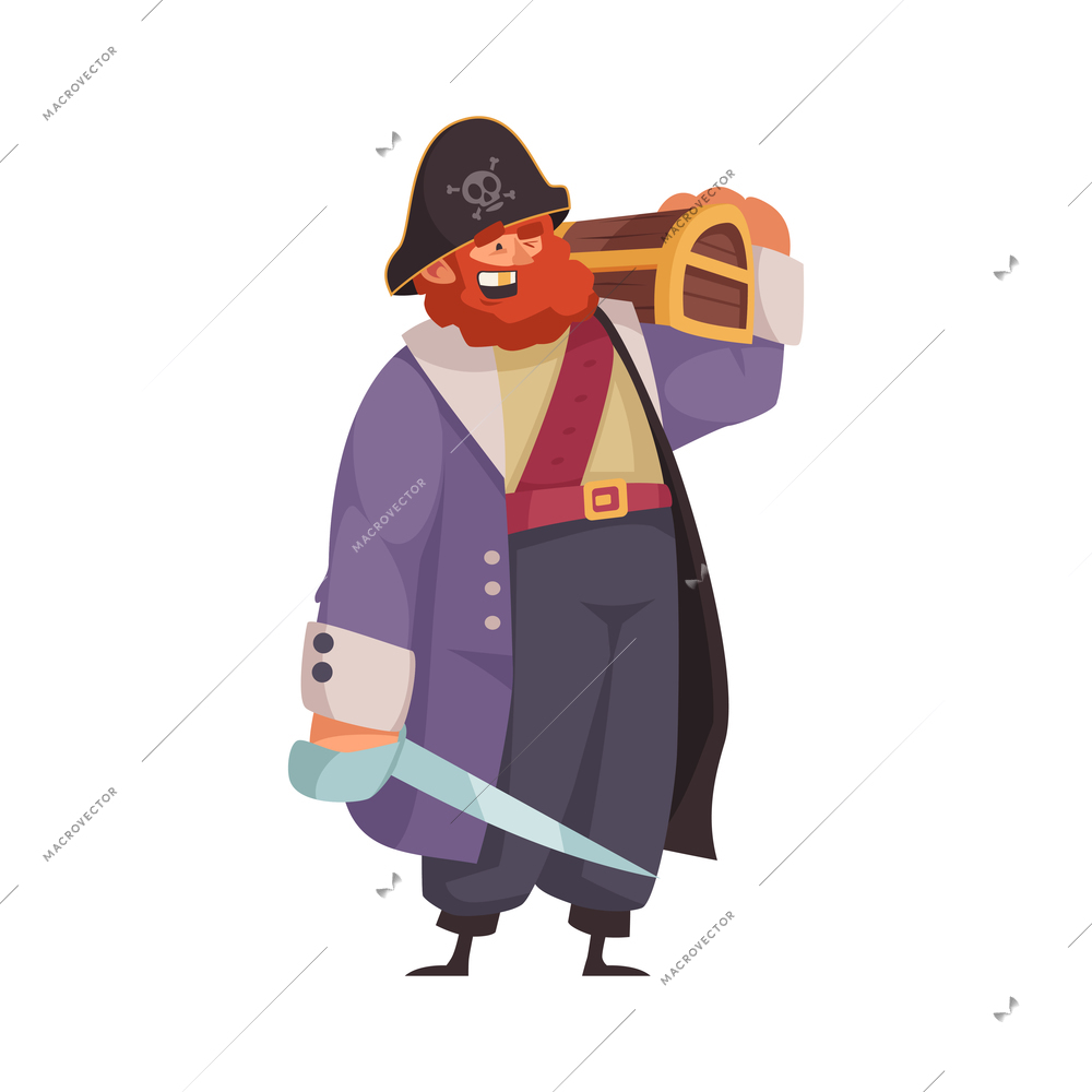 Pirate composition with isolated character of pirate admiral holding treasure chest vector illustration