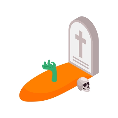 Isometric halloween party composition with view of grave with monster hand and human skull vector illustration