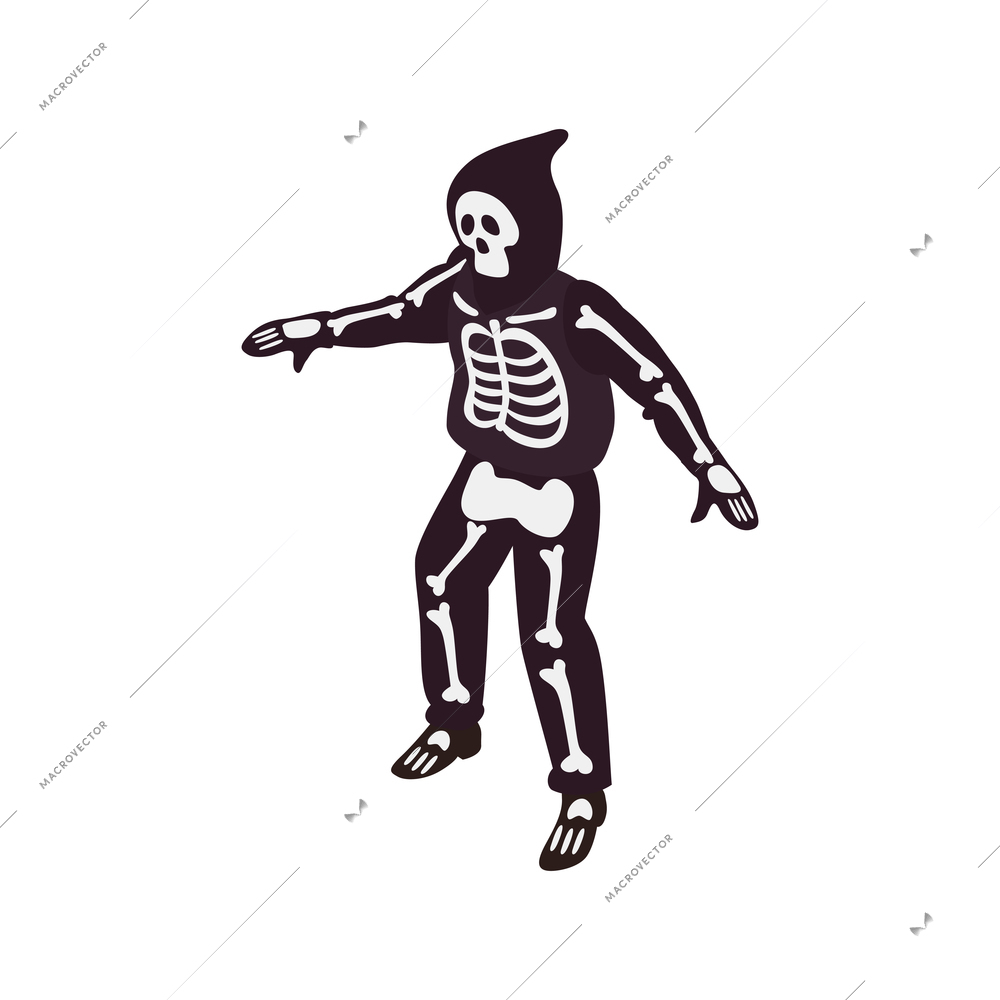 Isometric halloween party composition with isolated view of skeleton costume vector illustration