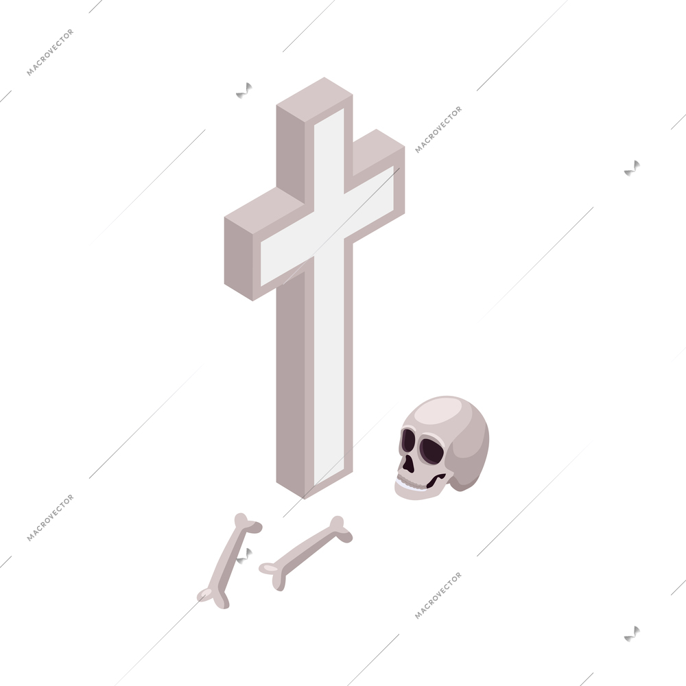 Isometric halloween party composition with cross on grave with skull and bones vector illustration