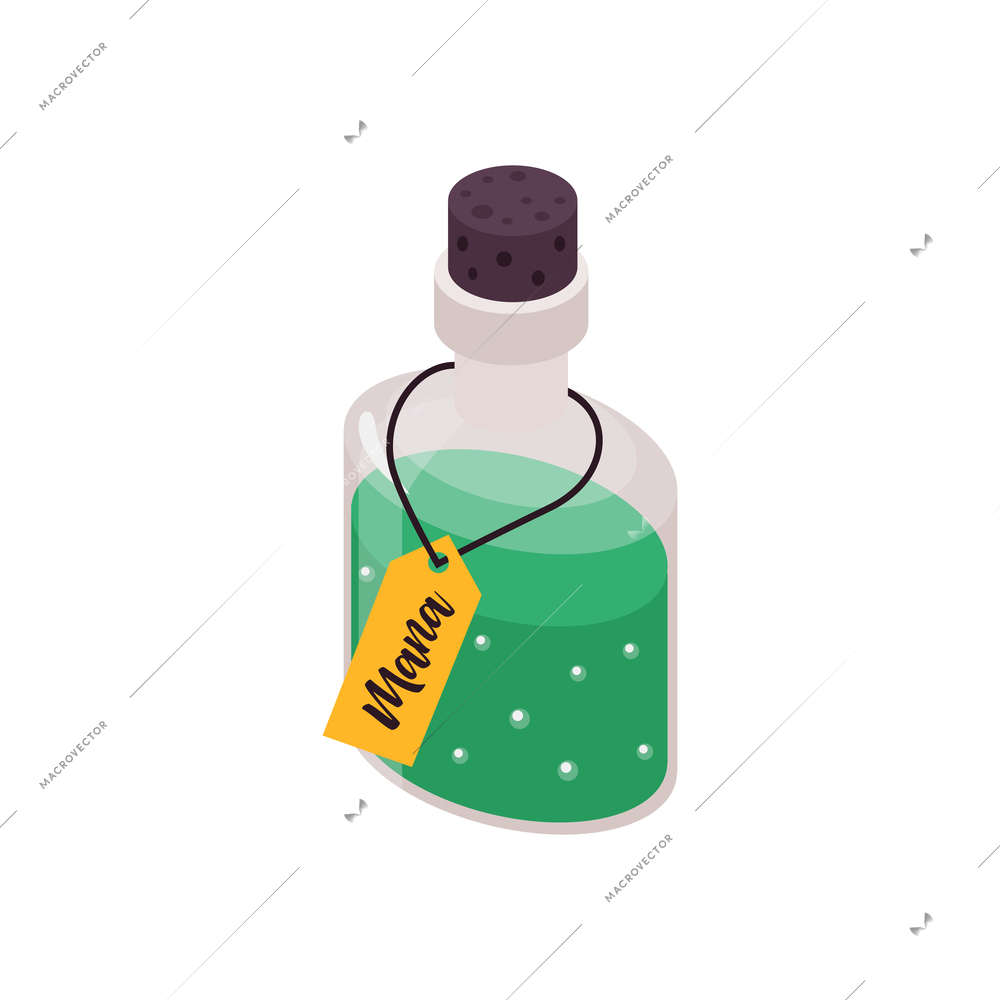 Isometric halloween party composition with glass bottle of mana liquid vector illustration