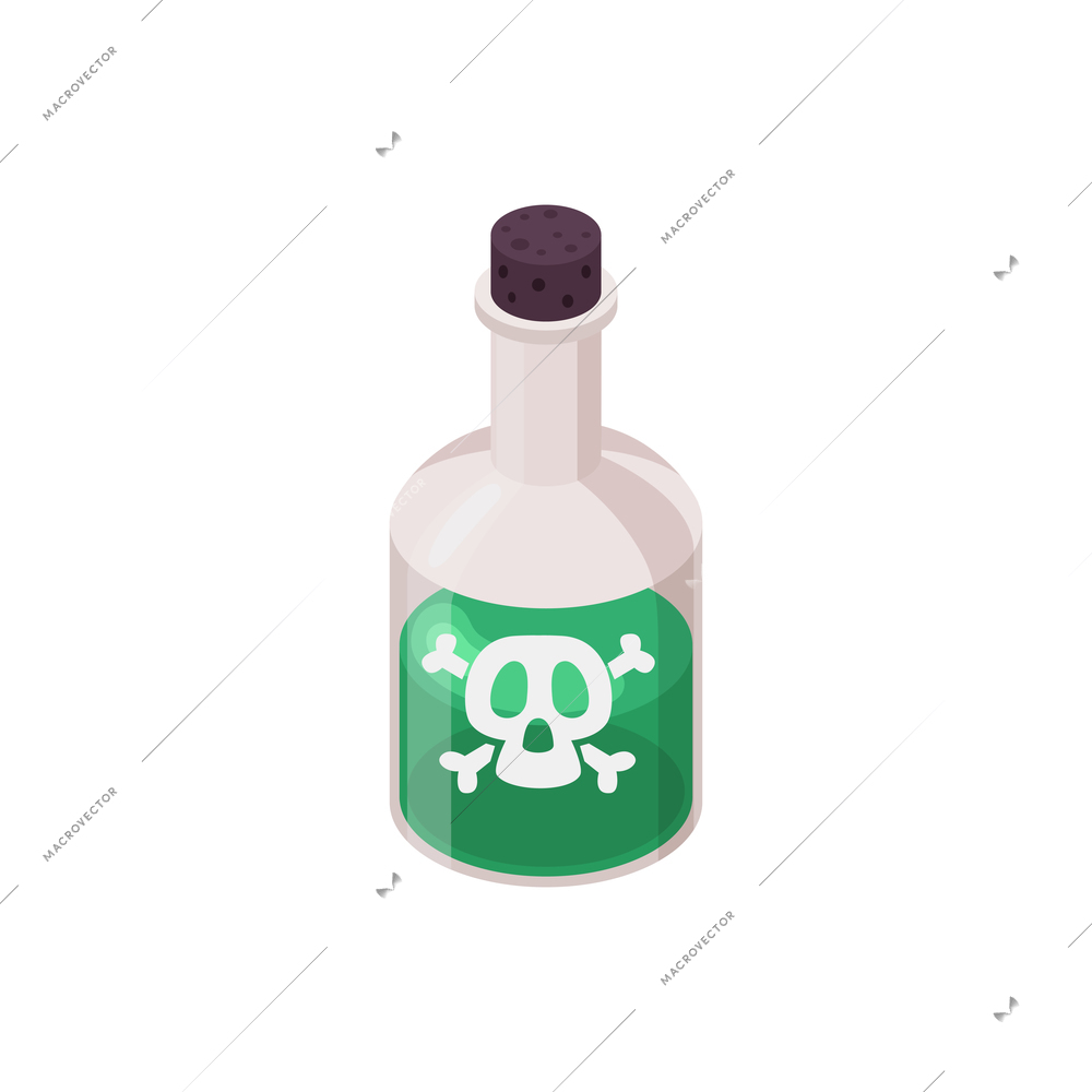 Isometric halloween party composition with vintage bottle with green potion with skull and bones vector illustration