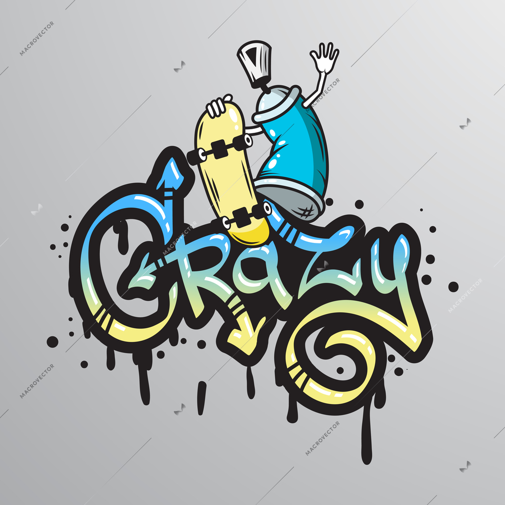 Graffiti spray can crazy character with skateboard composition drippy font text sample abstract grunge vector illustration