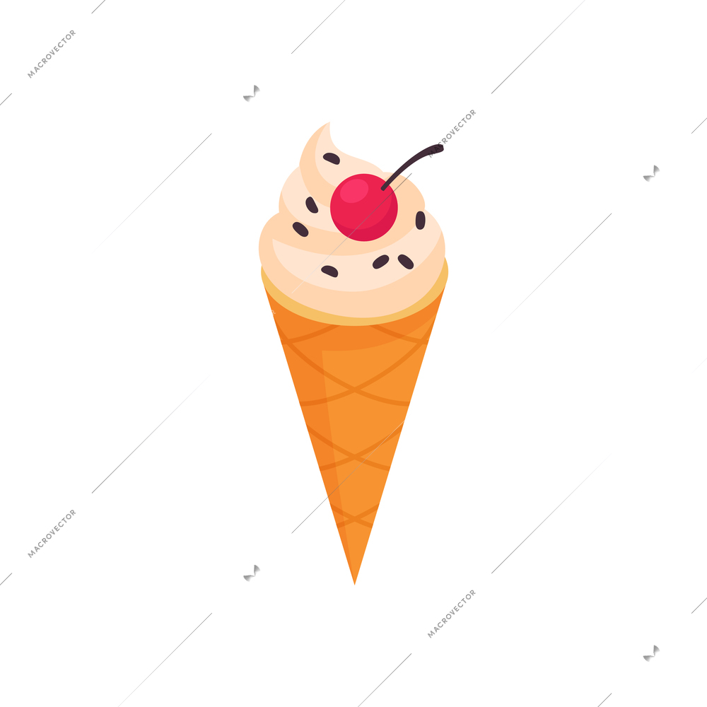 Isometric ice cream composition with cone wafer and caramel cream with cherry on top vector illustration