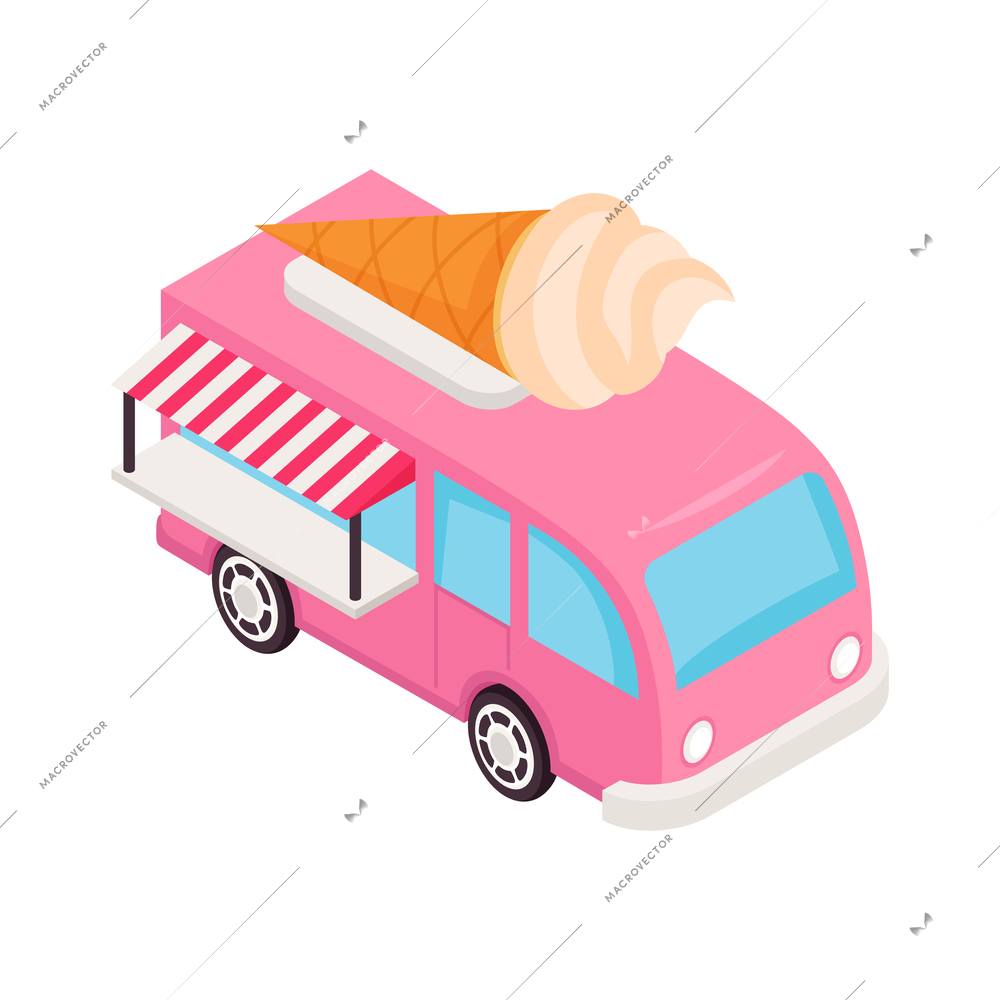 Isometric ice cream composition with icecream van isolated on blank background vector illustration