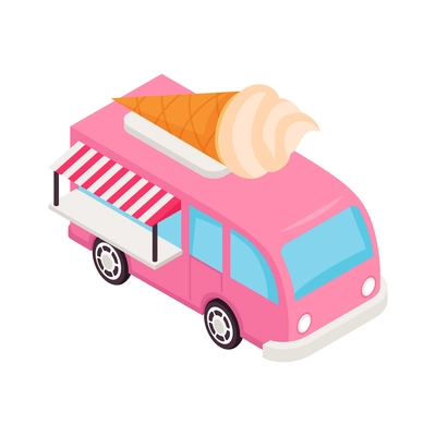 Isometric ice cream composition with icecream van isolated on blank background vector illustration