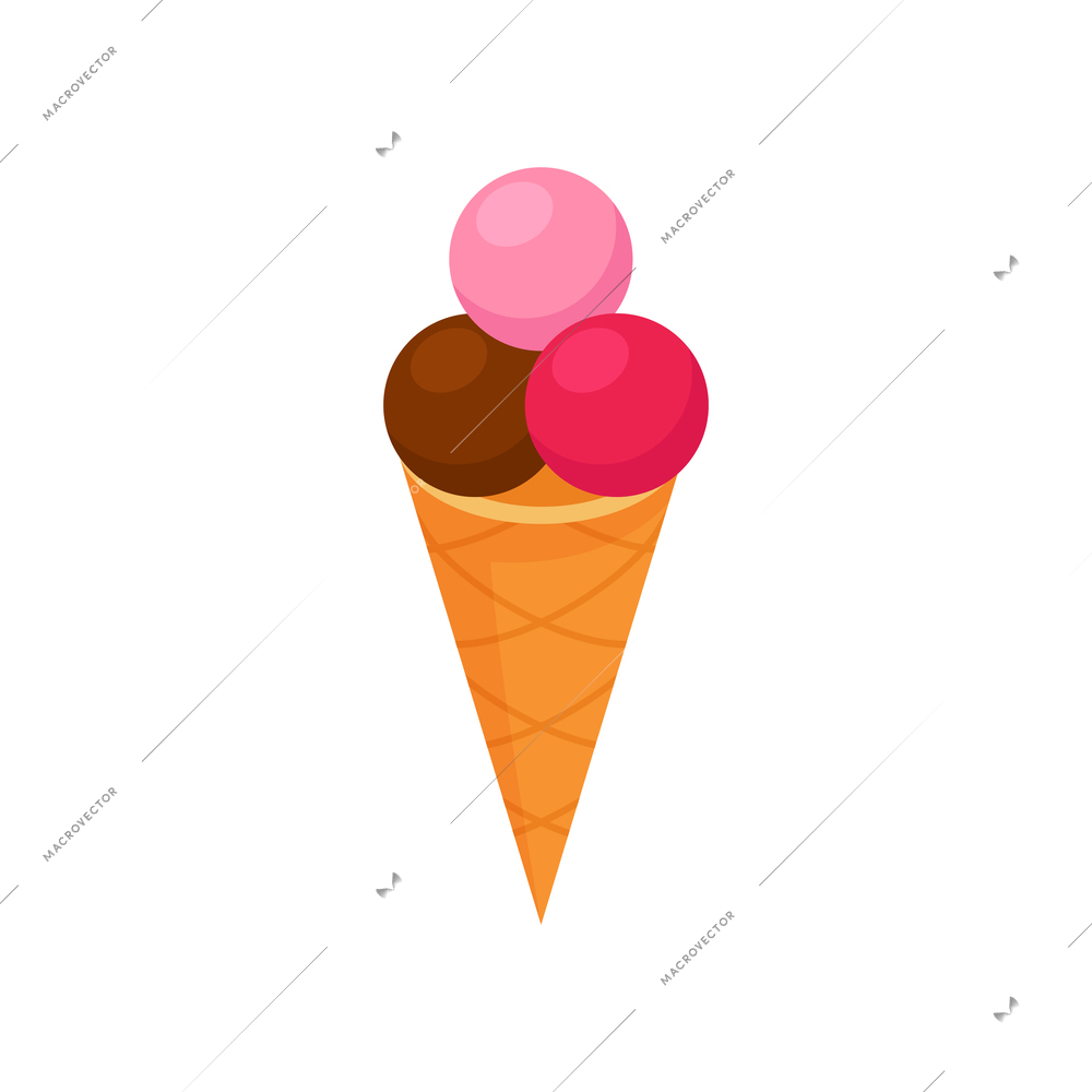 Isometric ice cream composition with icecream balls in wafer batch on blank background vector illustration