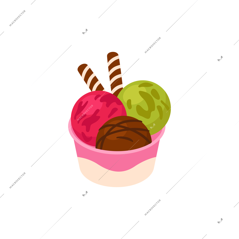 Isometric ice cream composition with colorful ice cream balls served on plate vector illustration