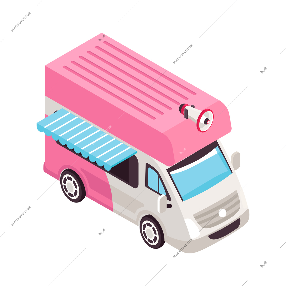 Isometric ice cream composition with isolated van image with counter and shed vector illustration