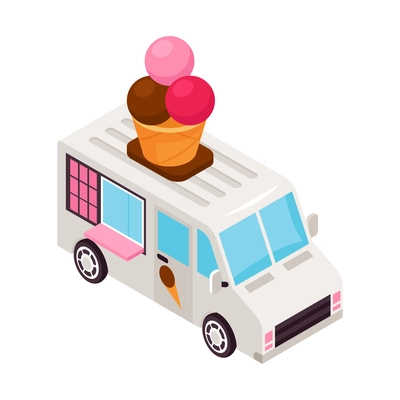 Isometric ice cream composition with isolated image of van selling icecream vector illustration