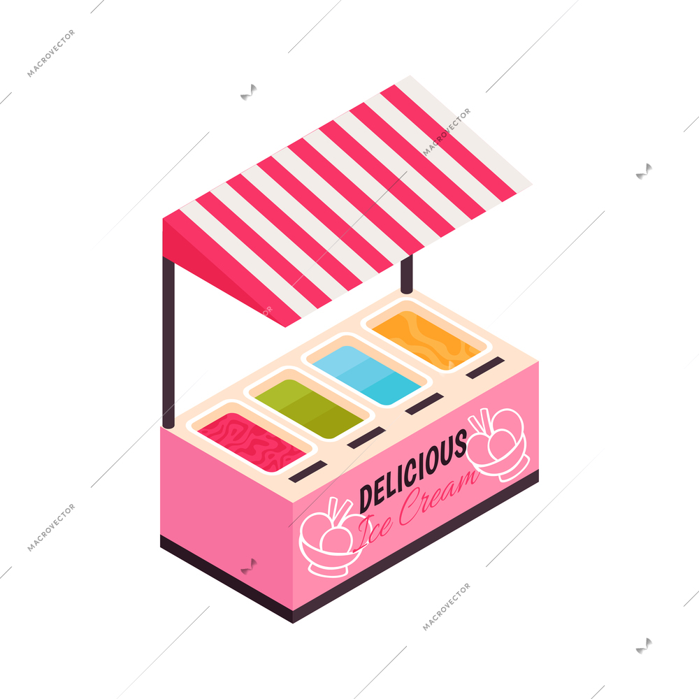 Isometric ice cream cafe composition with view of icecream market stall vector illustration