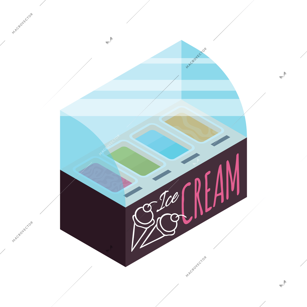 Isometric ice cream cafe composition with fridge shop display on blank background vector illustration