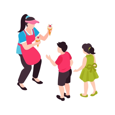 Isometric ice cream cafe composition with pair of kids taking icecream from female seller vector illustration