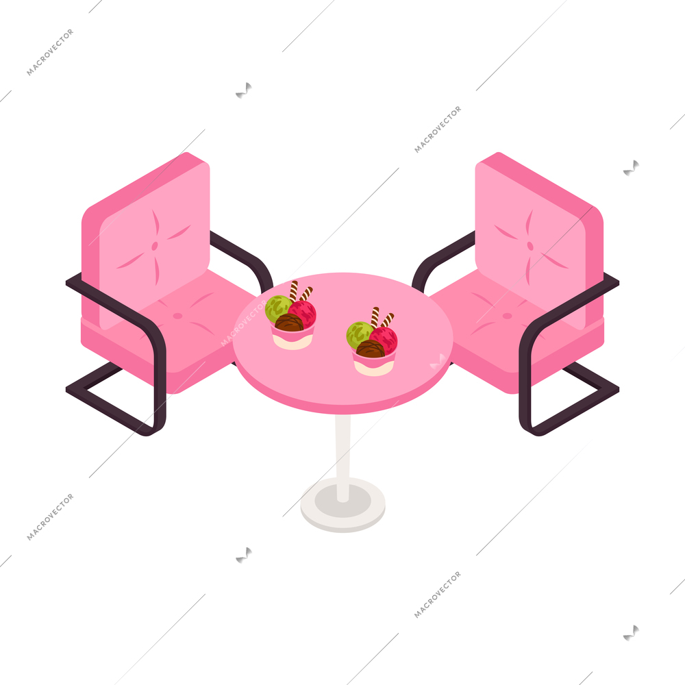 Isometric ice cream cafe composition with view of purple table and chairs vector illustration
