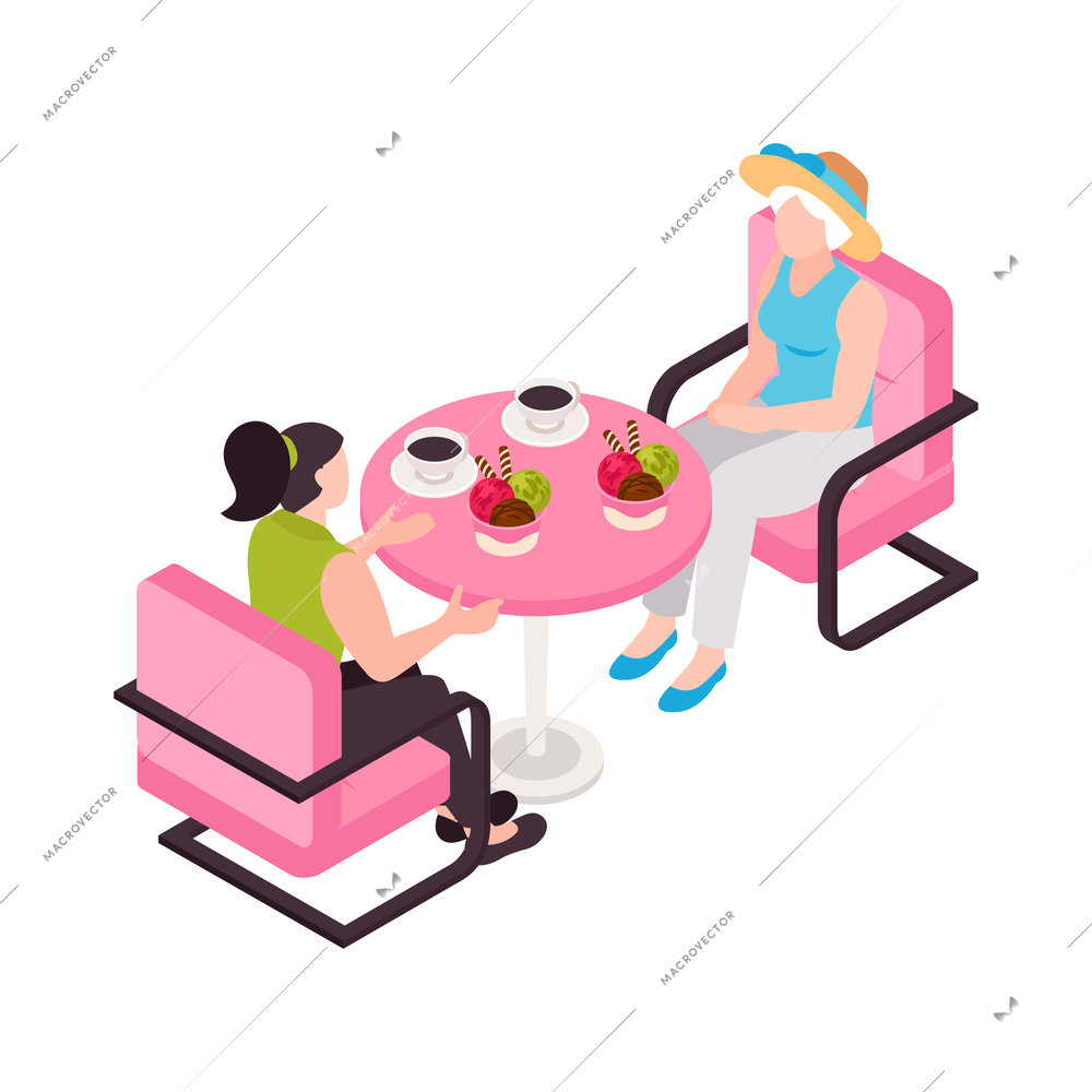 Isometric ice cream cafe composition with purple chairs and two women sitting at table vector illustration