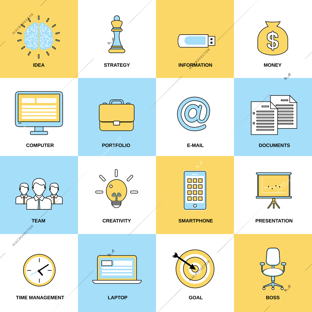 Business icons flat line set of idea strategy information isolated vector illustration